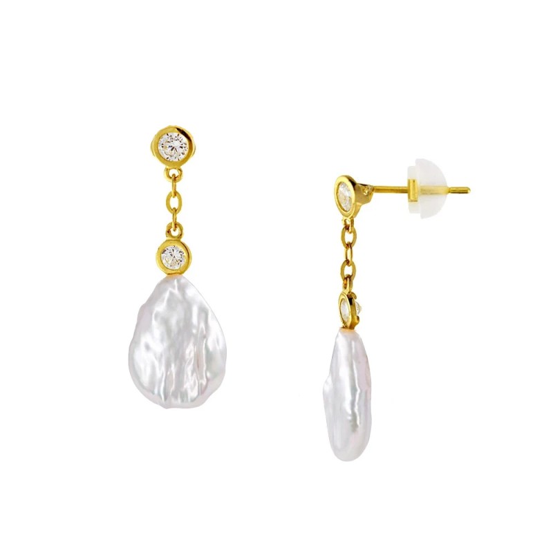 Σκουλαρίκια Κ14 χρυσά με Biwa μαργαριτάρια και ζιργκόν - S123978B