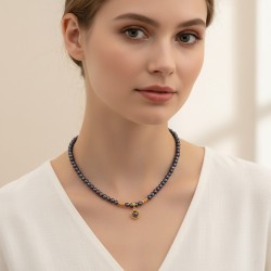 Κολιέ με Κ14 χρυσό μενταγιόν και μαύρα μαργαριτάρια - F124770