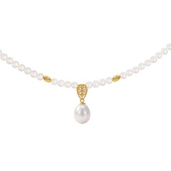 Κολιέ με Κ18 χρυσό μενταγιόν με διαμάντι και λευκά μαργαριτάρια - F126643