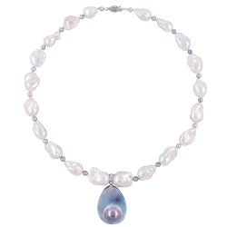 Κολιέ με λευκά και γκρι μαργαριτάρια και μενταγιόν 925 ασημένιο και Mother of Pearl - F126786