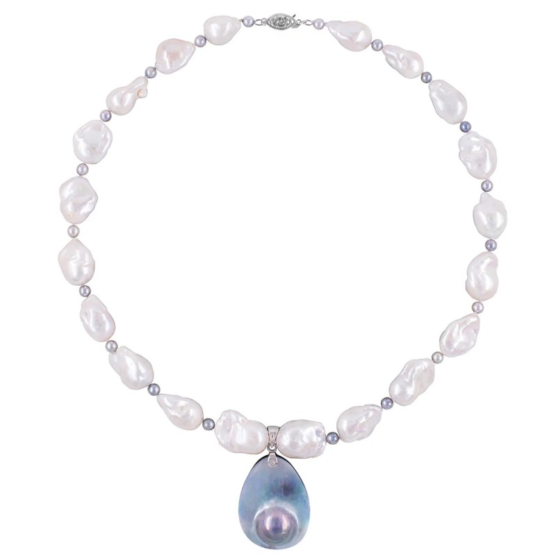 Κολιέ με λευκά και γκρι μαργαριτάρια και μενταγιόν 925 ασημένιο και Mother of Pearl - F126786