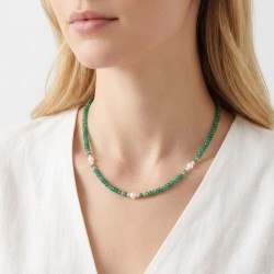 Κολιέ με Κ14 χρυσά στοιχεία, αβεντουρίνη και μαργαριτάρια - F124464