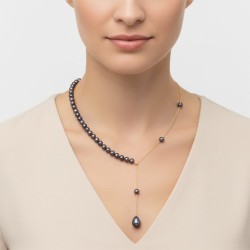 Κολιέ με Κ14 χρυσή αλυσίδα και μαύρα μαργαριτάρια - F125204B