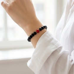 Βραχιόλι με Κ14 χρυσό κούμπωμα, Black Agate και κοράλλια - F125300C