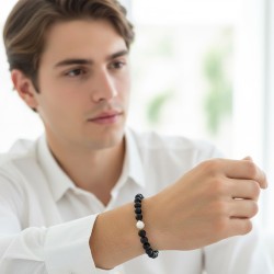 Βραχιόλι με Κ14 χρυσό κούμπωμα, Black Agate και λευκά μαργαριτάρια - F125300P Βραχιόλι με Κ14 χρυσό κούμπωμα, Black Agate και λευκά μαργαριτάρια - F125300P