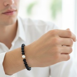 Βραχιόλι με Κ14 χρυσό κούμπωμα, Black Agate και λευκά μαργαριτάρια - F125300P Βραχιόλι με Κ14 χρυσό κούμπωμα, Black Agate και λευκά μαργαριτάρια - F125300P