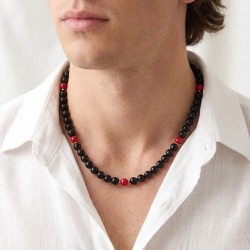 Κολιέ με Κ14 χρυσό κούμπωμα, Black Agate και κοράλλια - F125301C