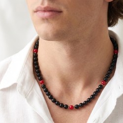 Κολιέ με Κ14 χρυσό κούμπωμα, Black Agate και κοράλλια - F125301C