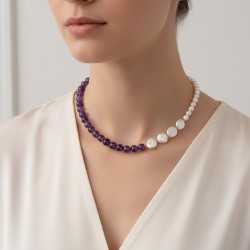 Κολιέ με Κ14 χρυσό κούμπωμα, μαργαριτάρια και αμέθυστο - F125523