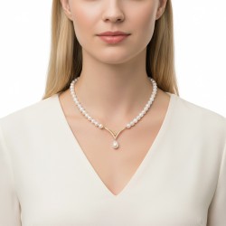 Κολιέ με Κ14 χρυσό κούμπωμα, λευκά μαργαριτάρια και ζιργκόν - F125529