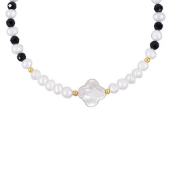 Βραχιόλι με Κ14 χρυσό κούμπωμα, μαργαριτάρια και σταυρό - B125635B