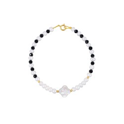 Βραχιόλι με Κ14 χρυσό κούμπωμα, μαργαριτάρια και σταυρό - B125635B