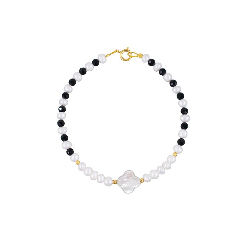 Βραχιόλι με Κ14 χρυσό κούμπωμα, μαργαριτάρια και σταυρό - B125635B