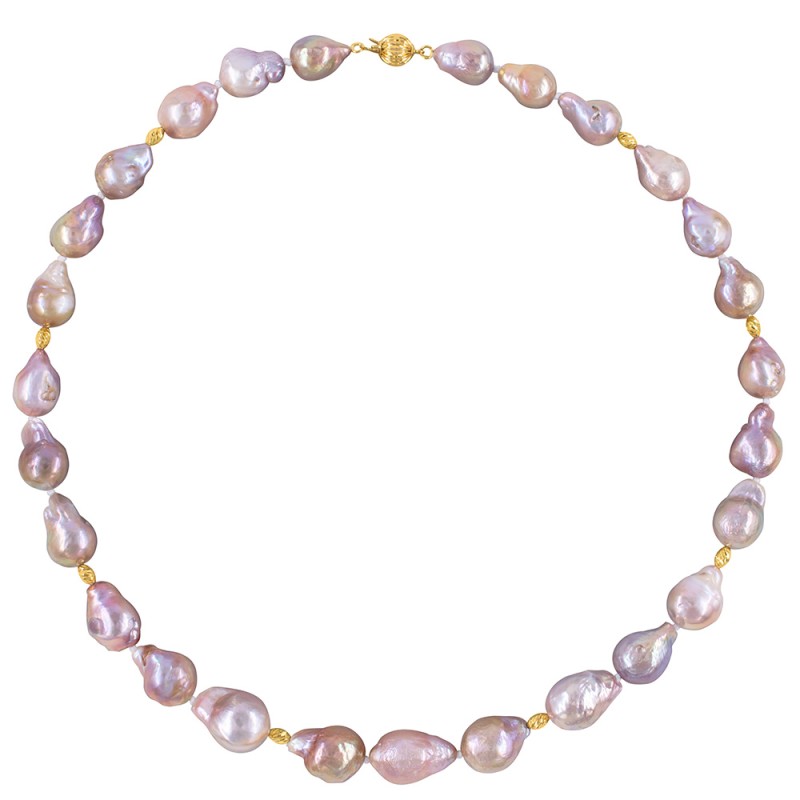 Κολιέ με Κ18 χρυσά στοιχεία και σομόν μαργαριτάρια Baroque - F125740