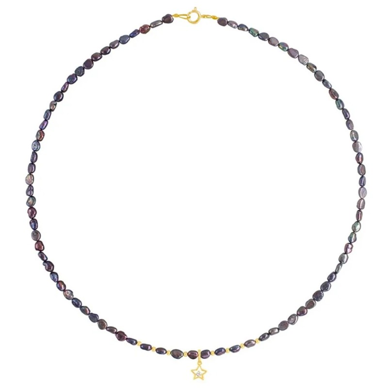 Κολιέ με Κ14 χρυσό κούμπωμα, μαύρα μαργαριτάρια και μενταγιόν αστέρι Κ14 χρυσό - F125876B