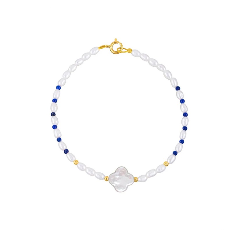 Βραχιόλι με Κ14 χρυσά στοιχεία, μαργαριτάρια και λάπις λάζουλι - V125925