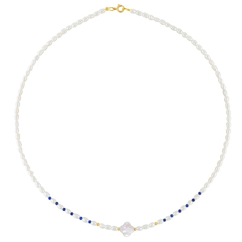Κολιέ με Κ14 χρυσά στοιχεία, μαργαριτάρια και λάπις λάζουλι - F125925CF