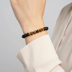 Βραχιόλι με ημιπολύτιμο λίθο black agate, tiger eye και αιματίτη χρυσού χρωματισμού - B126338