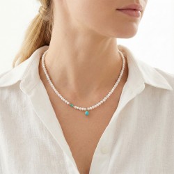 Κολιέ με 925 επιχρυσωμένα στοιχεία, μενταγιόν τιρκουάζ και λευκά μαργαριτάρια - S126406T