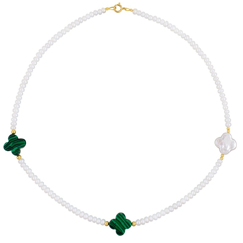 Κολιέ με Κ14 χρυσά στοιχεία, λευκά μαργαριτάρια και σταυρούς - F126757