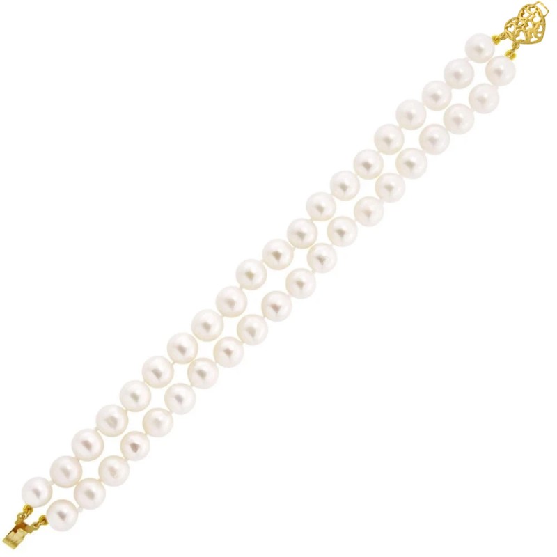 Βραχιόλι με Κ14 χρυσό κούμπωμα καρδιά και λευκά μαργαριτάρια - B126775