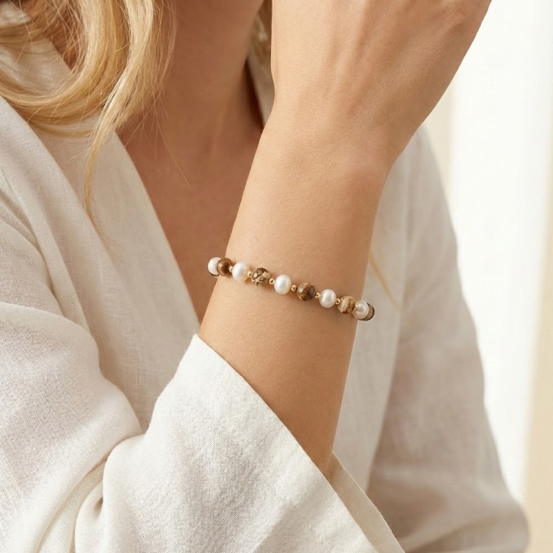 Βραχιόλι με Κ14 χρυσά στοιχεία, μαργαριτάρια και Spiny Oyster- B126785