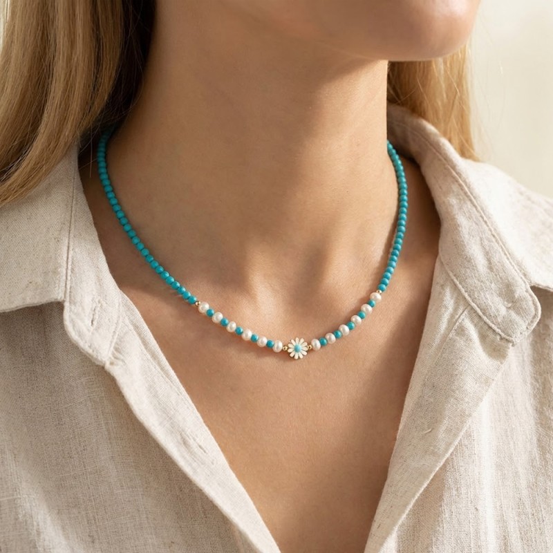 Κολιέ με Κ14 χρυσά στοιχεία, τιρκουάζ, λευκά μαργαριτάρια και μενταγιόν - F126787