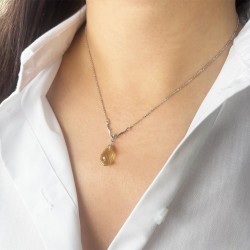 Κολιέ με Κ18 λευκόχρυση αλυσίδα, διαμάντι και lemon quartz - F312904