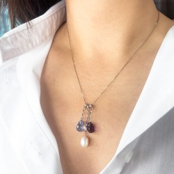 Κολιέ Κ18 λευκόχρυση αλυσίδα με μαργαριτάρι, Blue Topaz και Amethyst - F415019W