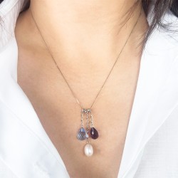 Κολιέ Κ18 λευκόχρυση αλυσίδα με μαργαριτάρι, Blue Topaz και Amethyst - F415019W