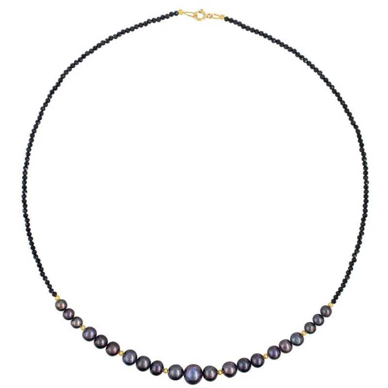 Κολιέ με Κ14 χρυσά στοιχεία, spinel και μαύρα μαργαριτάρια - F126494