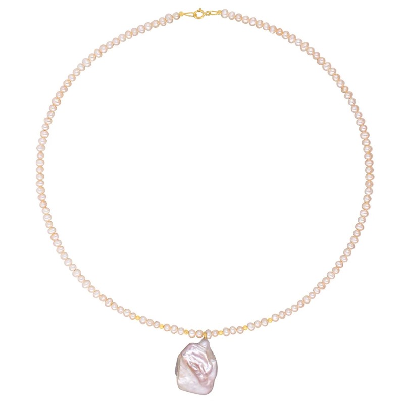 Κολιέ με Κ14 χρυσό κούμπωμα, σομόν μαργαριτάρια και baroque- M125165