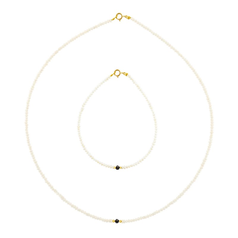 Σετ κολιέ και βραχιόλι με Κ14 χρυσά στοιχεία, λευκά μαργαριτάρια και spinel - S126734