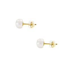 Σκουλαρίκια Κ14 χρυσά με κούμπωμα σιλικόνη και λευκά μαργαριτάρια 7 χιλιοστών - F126729