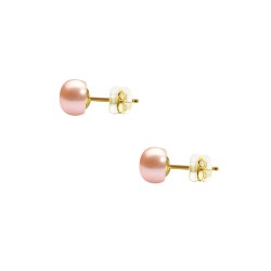 Σκουλαρίκια Κ14 χρυσά με κούμπωμα σιλικόνη και σομόν μαργαριτάρια 5,5-6 χιλιοστών - F126728S