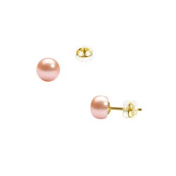 Σκουλαρίκια Κ14 χρυσά με κούμπωμα σιλικόνη και σομόν μαργαριτάρια 5,5-6 χιλιοστών - F126728S