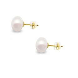 Σκουλαρίκια Κ14 χρυσά με κούμπωμα σιλικόνη και λευκά μαργαριτάρια 8 χιλιοστών - F126730