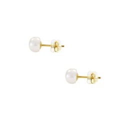 Σκουλαρίκια Κ14 χρυσά με κούμπωμα σιλικόνη και λευκά μαργαριτάρια 5,5-6 χιλιοστά - F126728