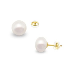 Σκουλαρίκια Κ14 χρυσά με κούμπωμα σιλικόνη και λευκά μαργαριτάρια 8 χιλιοστών - F126730