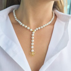 Κολιέ με Κ14 χρυσό κούμπωμα λουλούδι με ζιργκόν και λευκά μαργαριτάρια - F126590