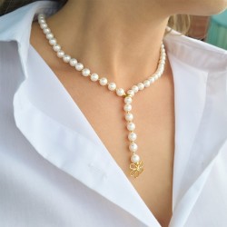 Κολιέ με Κ14 χρυσό κούμπωμα λουλούδι με ζιργκόν και λευκά μαργαριτάρια - F126590