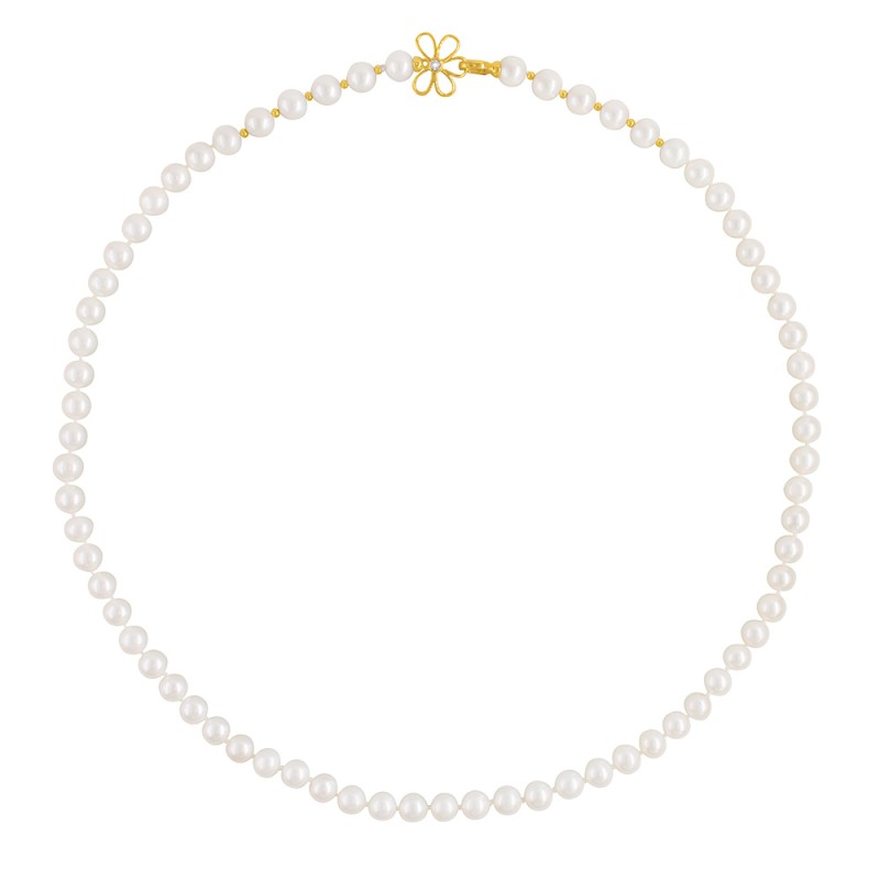 Κολιέ με Κ14 χρυσό κούμπωμα λουλούδι με ζιργκόν και λευκά μαργαριτάρια - F126590