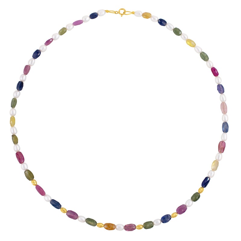 Κολιέ με Κ18 χρυσά στοιχεία, πολύχρωμα ζαφείρια και λευκά μαργαριτάρια - F126617