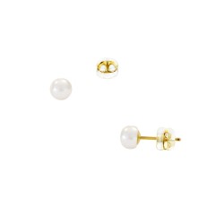 Σκουλαρίκια Κ14 χρυσά με κούμπωμα σιλικόνη και λευκά μαργαριτάρια 4,5 χιλιοστών - F126727