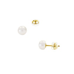 Σκουλαρίκια Κ14 χρυσά με κούμπωμα σιλικόνη και λευκά μαργαριτάρια 5,5-6 χιλιοστά - F126728