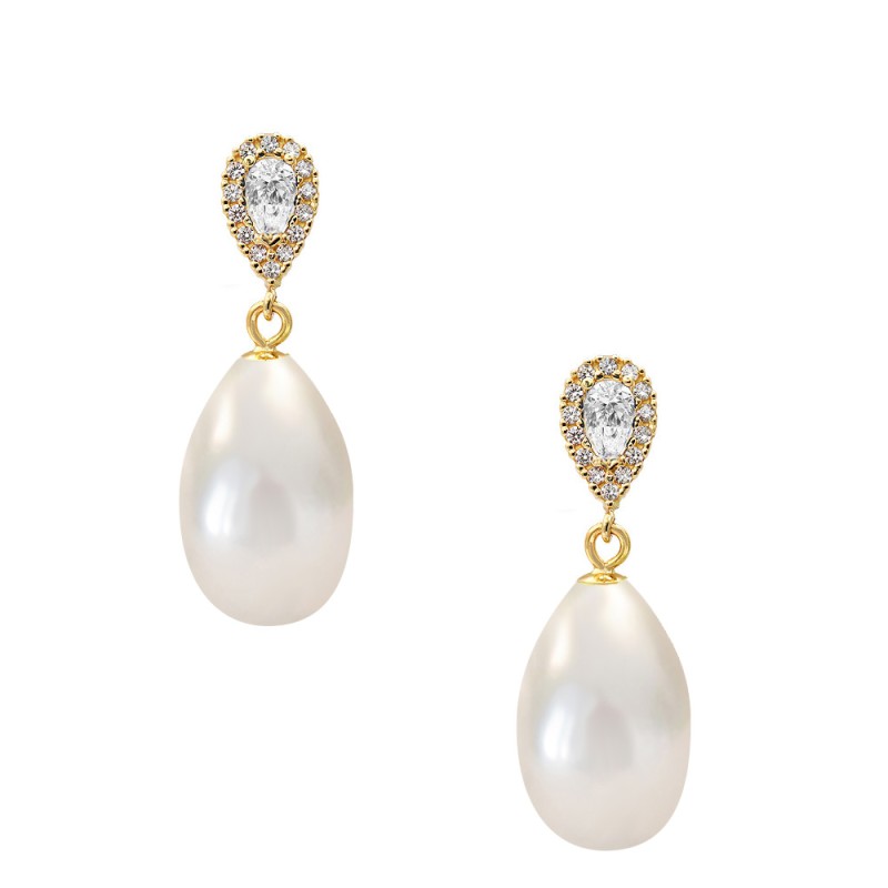 Σκουλαρίκια Κ14 χρυσά με μαργαριτάρι και ζιργκόν - F125000L