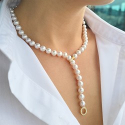 Κολιέ με Κ14 χρυσό κούμπωμα με ζιργκόν και λευκά μαργαριτάρια - F126582