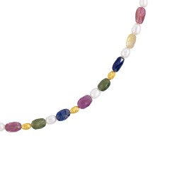 Κολιέ με Κ18 χρυσά στοιχεία, πολύχρωμα ζαφείρια και λευκά μαργαριτάρια - F126617