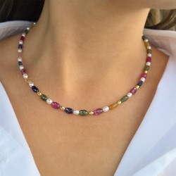 Κολιέ με Κ18 χρυσά στοιχεία, πολύχρωμα ζαφείρια και λευκά μαργαριτάρια - F126617