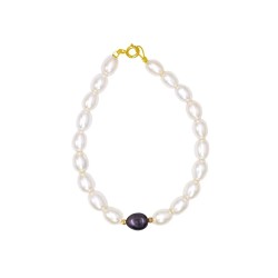 Βραχιόλι με Κ14 χρυσό κούμπωμα, λευκά & μαύρο μαργαριτάρι - M126694